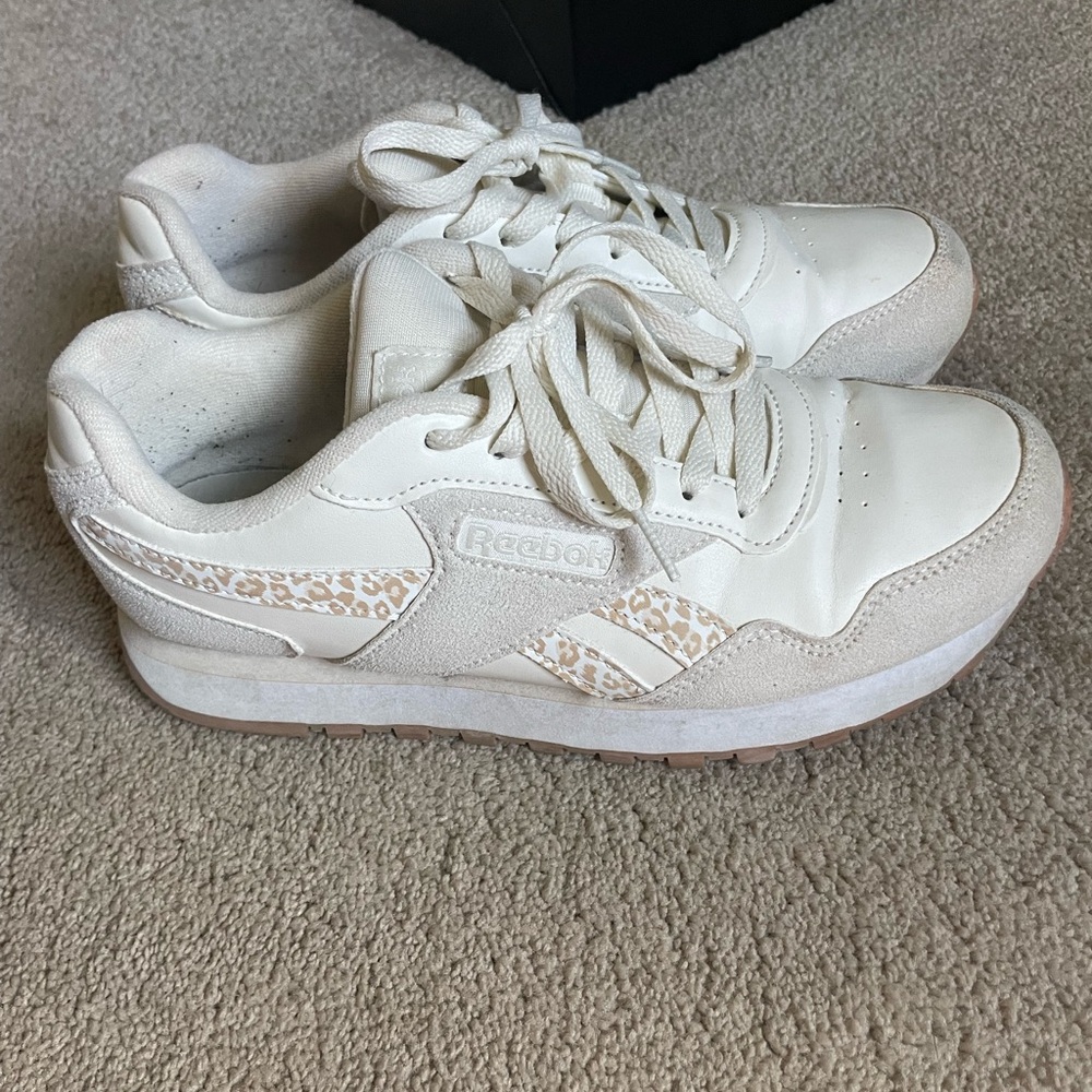 Reebok Women's Cream and White with Leopard Sneakers
